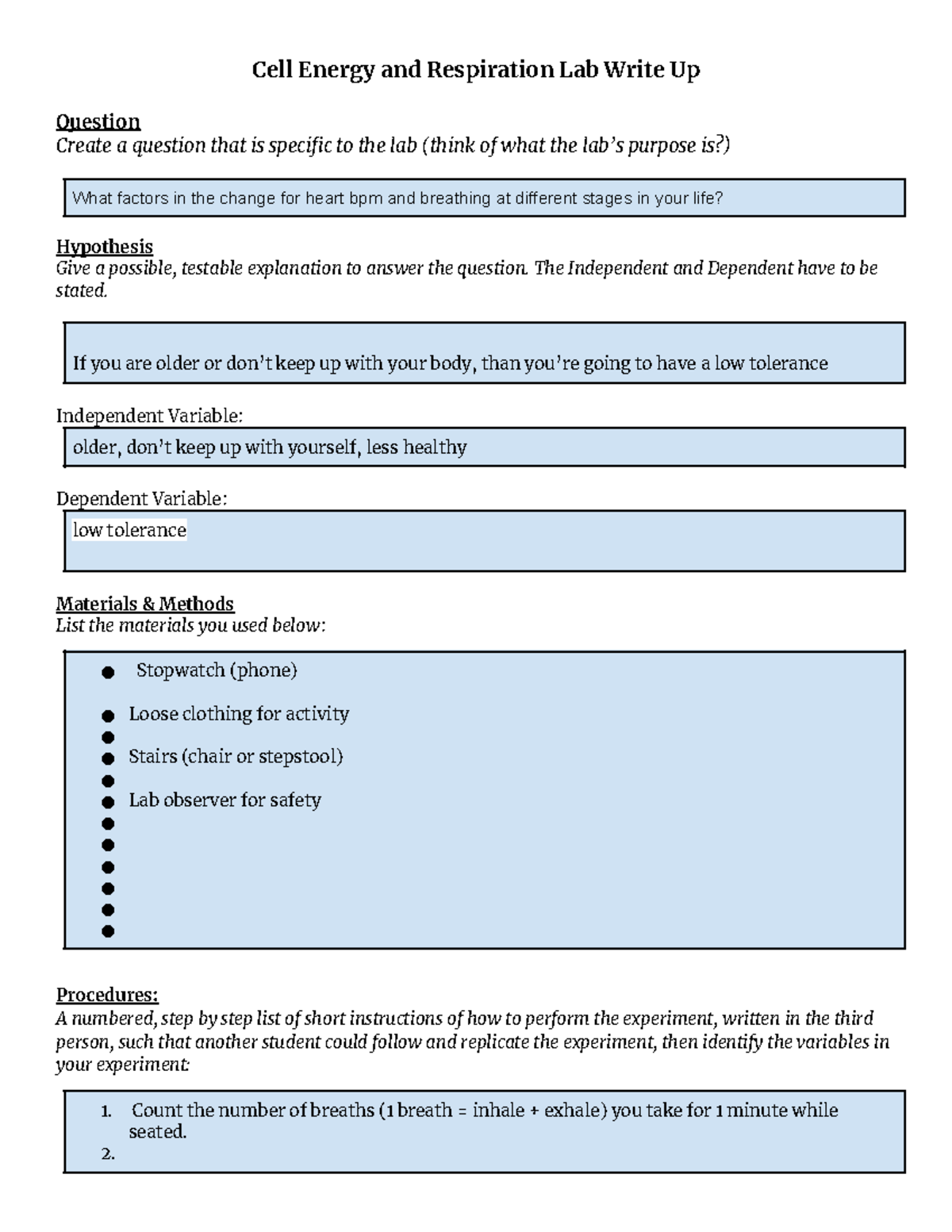 Copy of Cell Energy and Respiration Lab Write Up - Cell Energy and ...