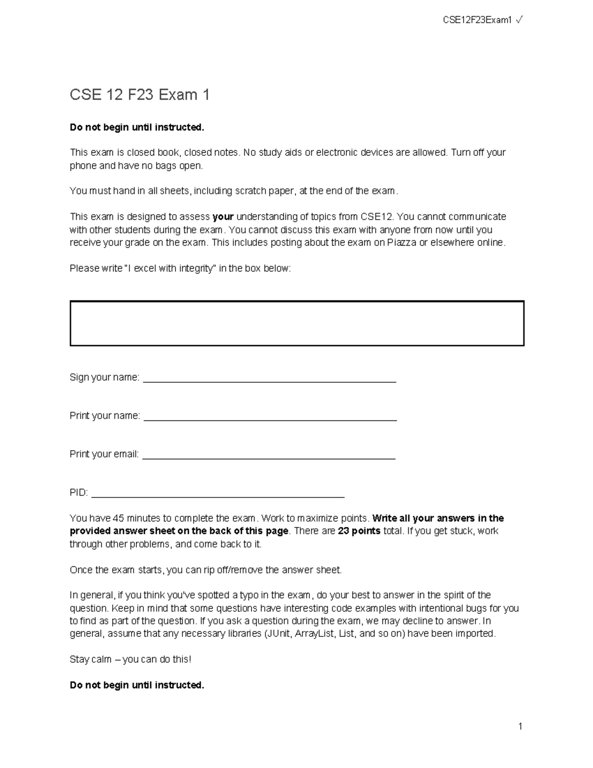 Exam1-Check - CSE 12 F23 Exam 1 Do not begin until instructed. This ...