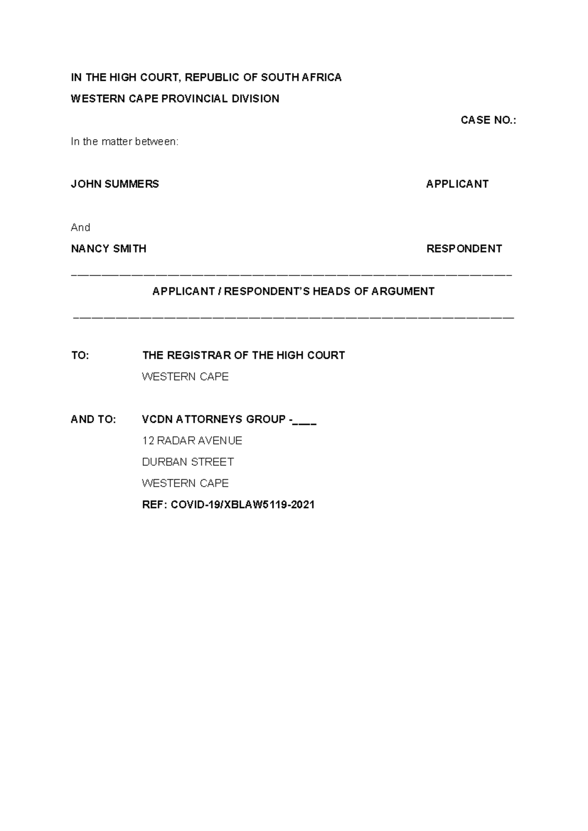 Heads OF Argument Template - IN THE HIGH COURT, REPUBLIC OF SOUTH ...