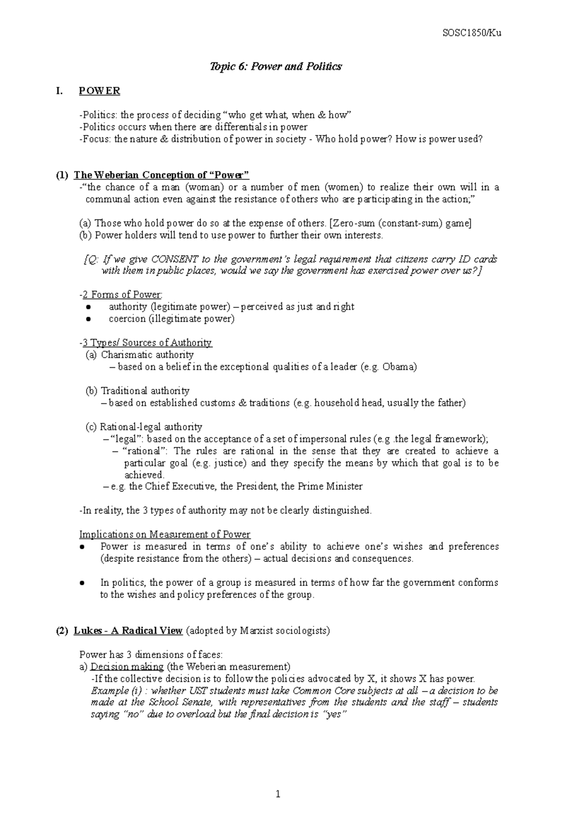 Notes 6 (Power & Politics) - Topic 6: Power and Politics I. P OWER ...