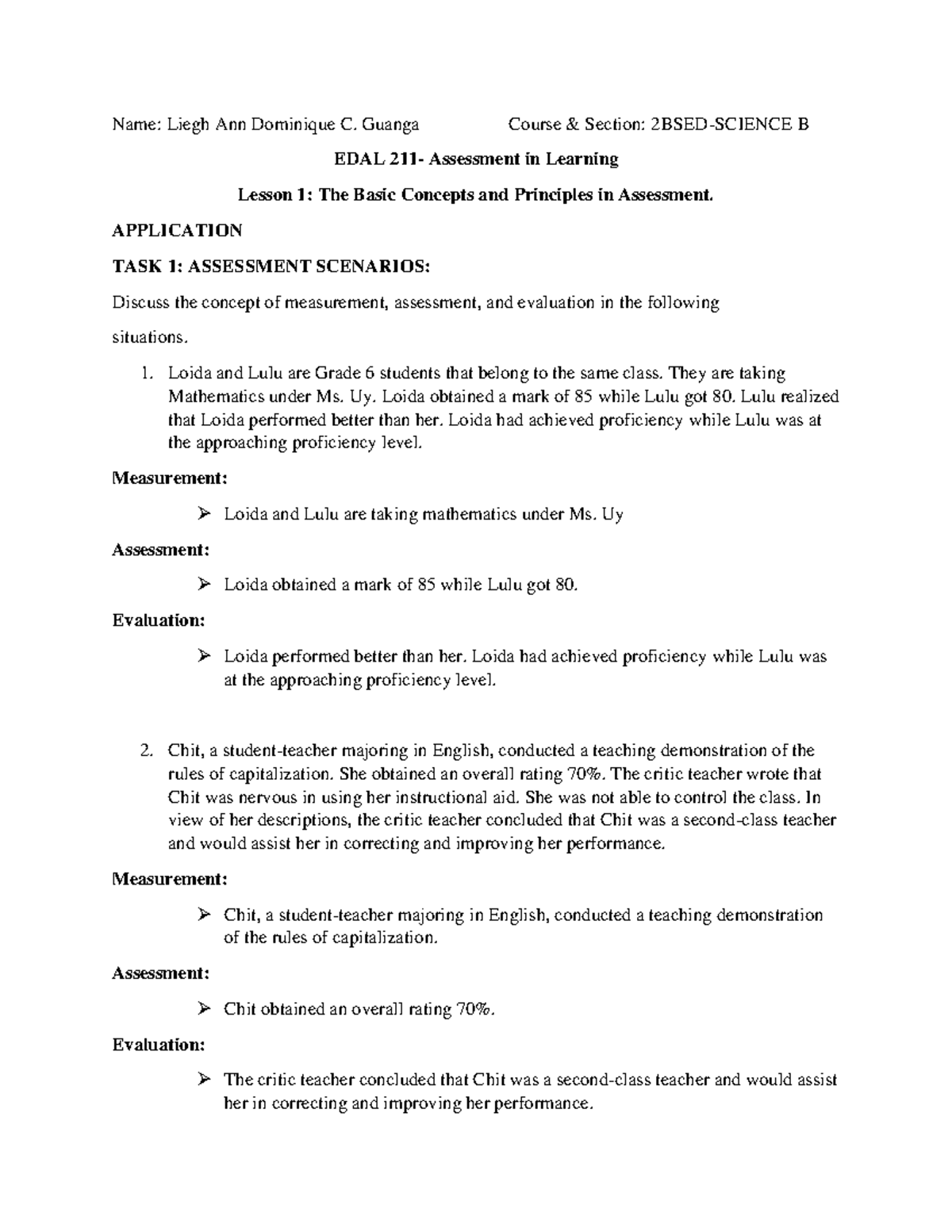 EDAL 211- Assessment in Learning Guanga - Name: Liegh Ann Dominique C ...