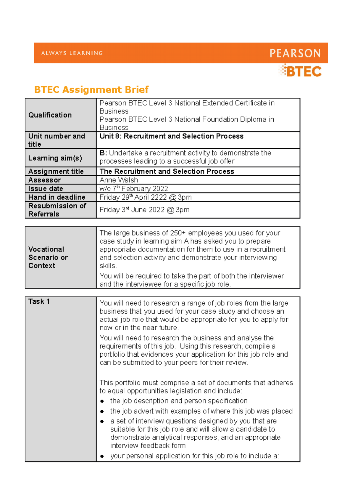 pearson btec authorised assignment briefs