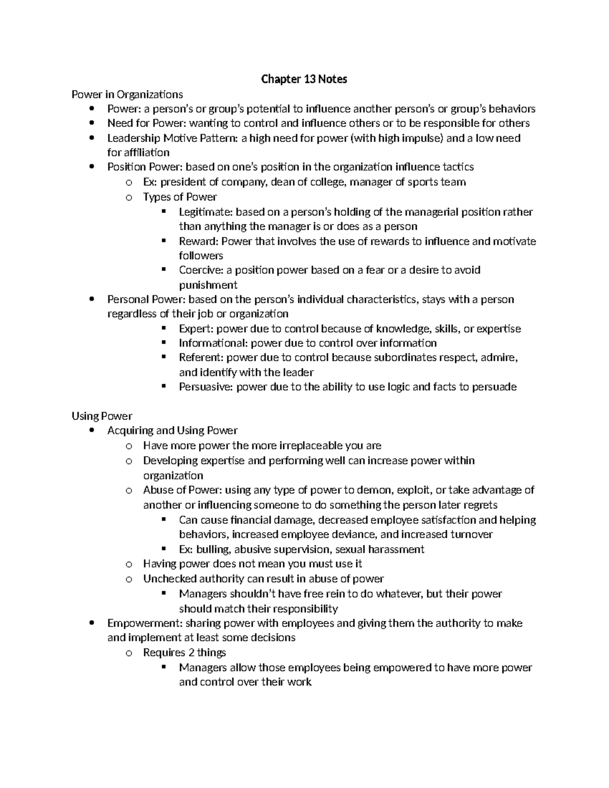 Chapter 13 Notes - Chapter 13 Notes Power in Organizations Power: a ...