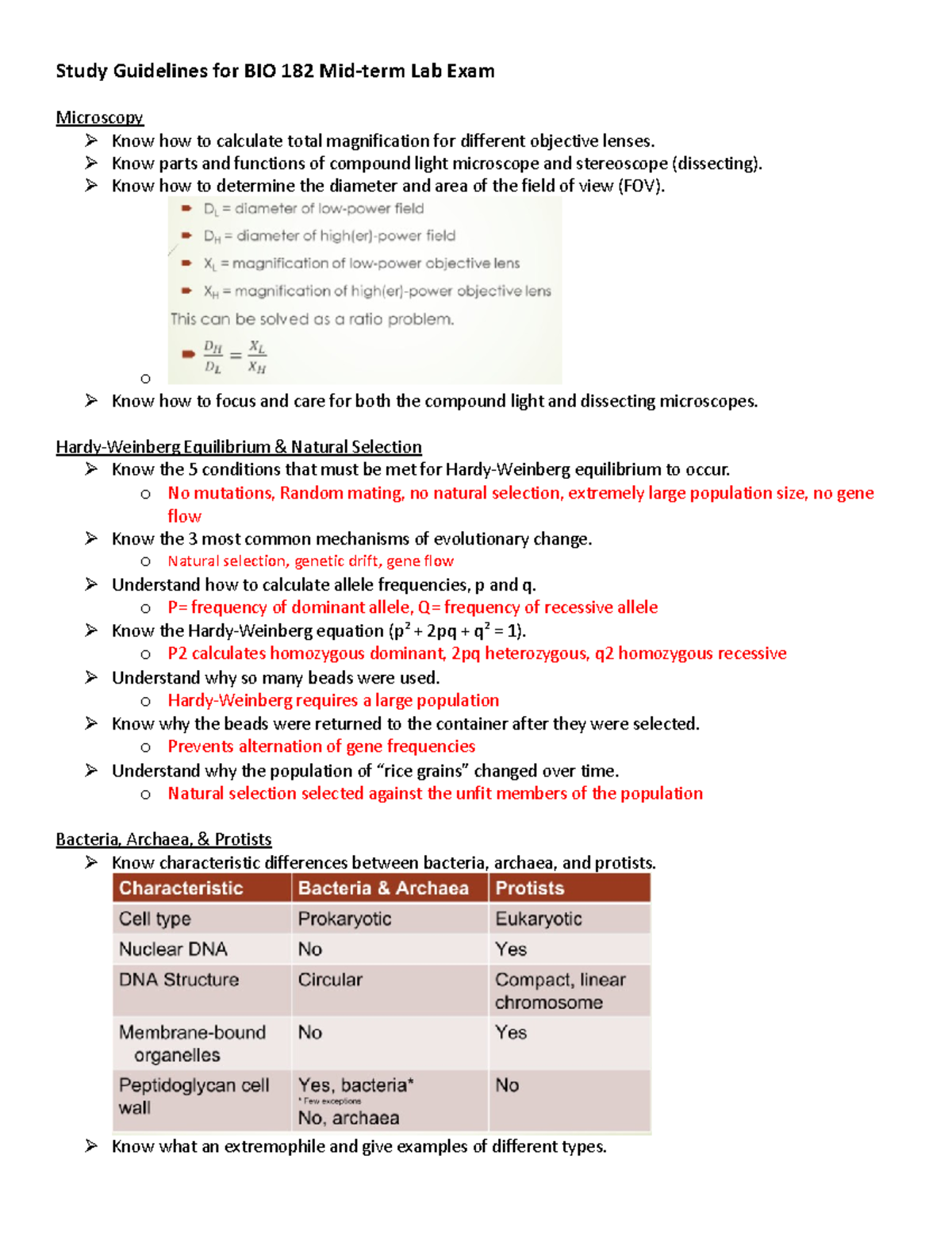 Study Guide For Midterm BIO182L - Study Guidelines For BIO 182 Mid-term ...