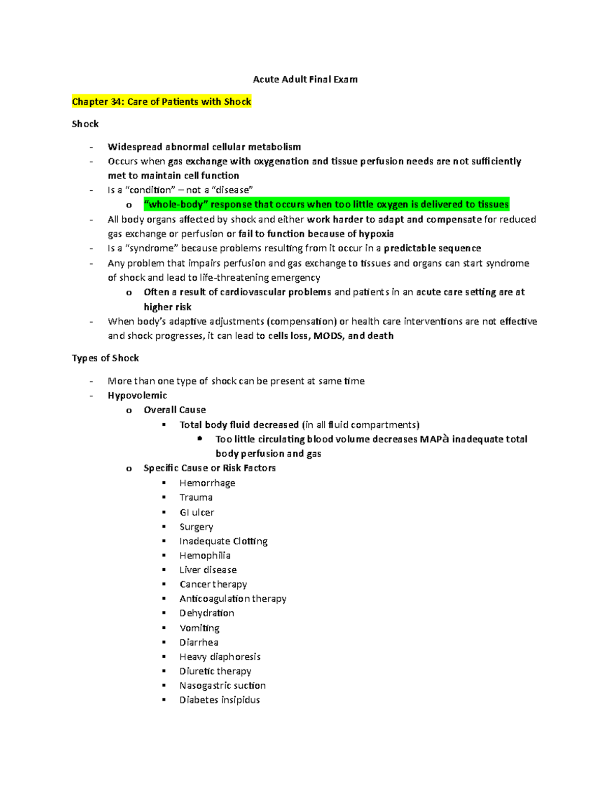 Acute Final REAL Study Guide - Acute Adult Final Exam Chapter 34: Care ...