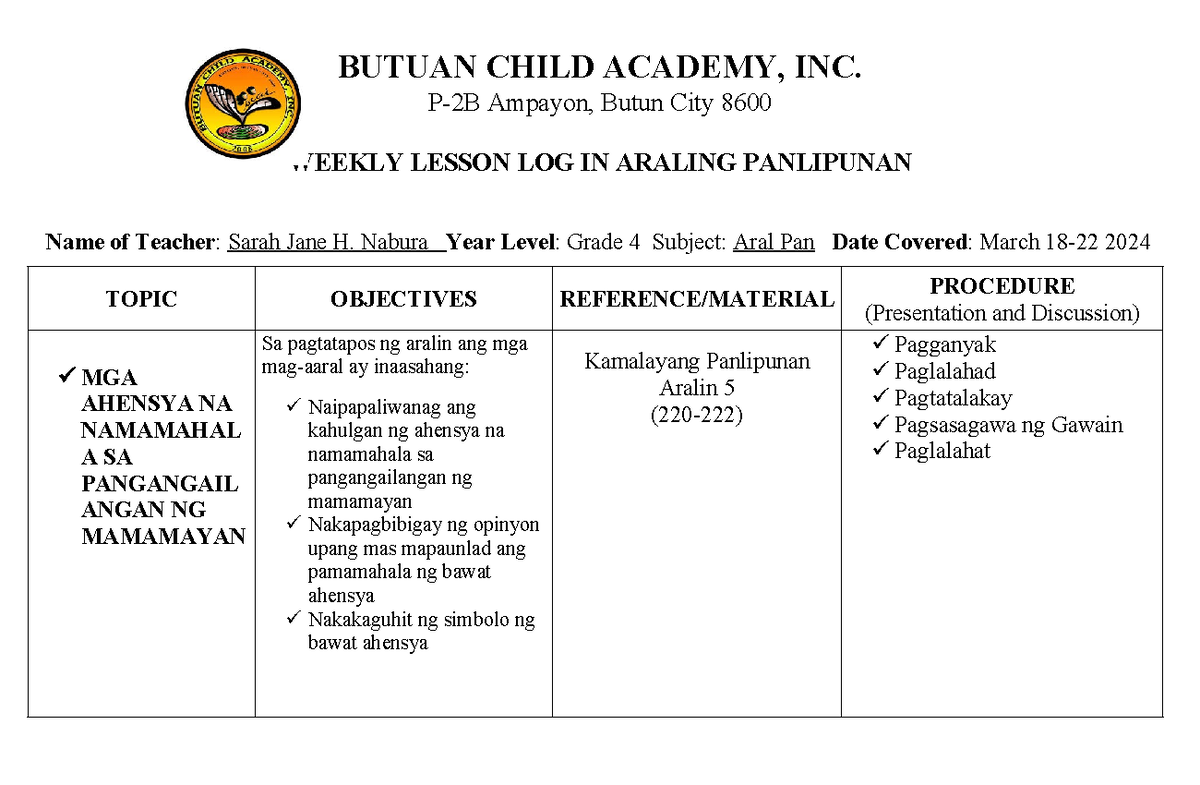 Wll- 4 - Weekly Log Ap - Butuan Child Academy, Inc. P-2b Ampayon, Butun 