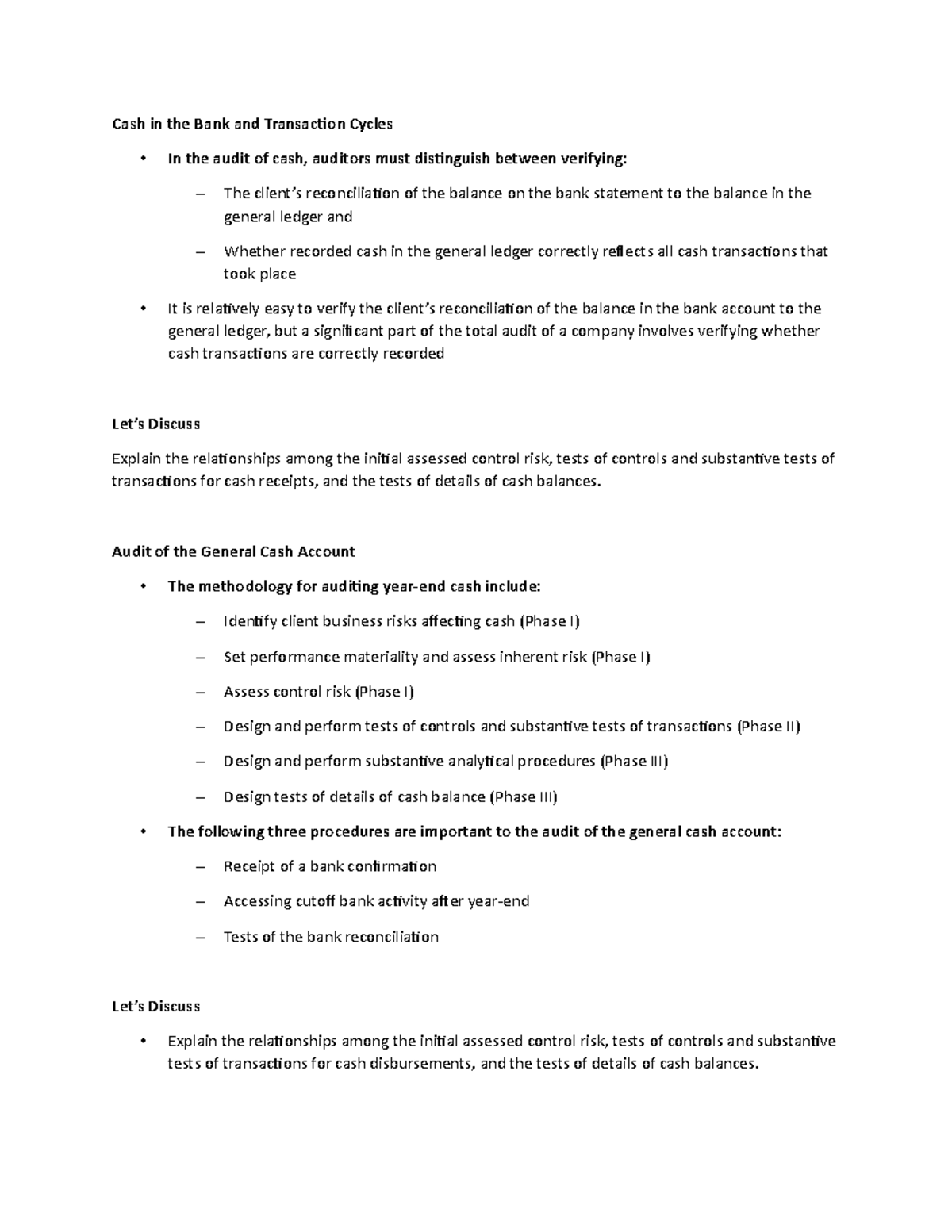 Lecture Notes 23 - Cash in the Bank and Transaction Cycles - In the ...