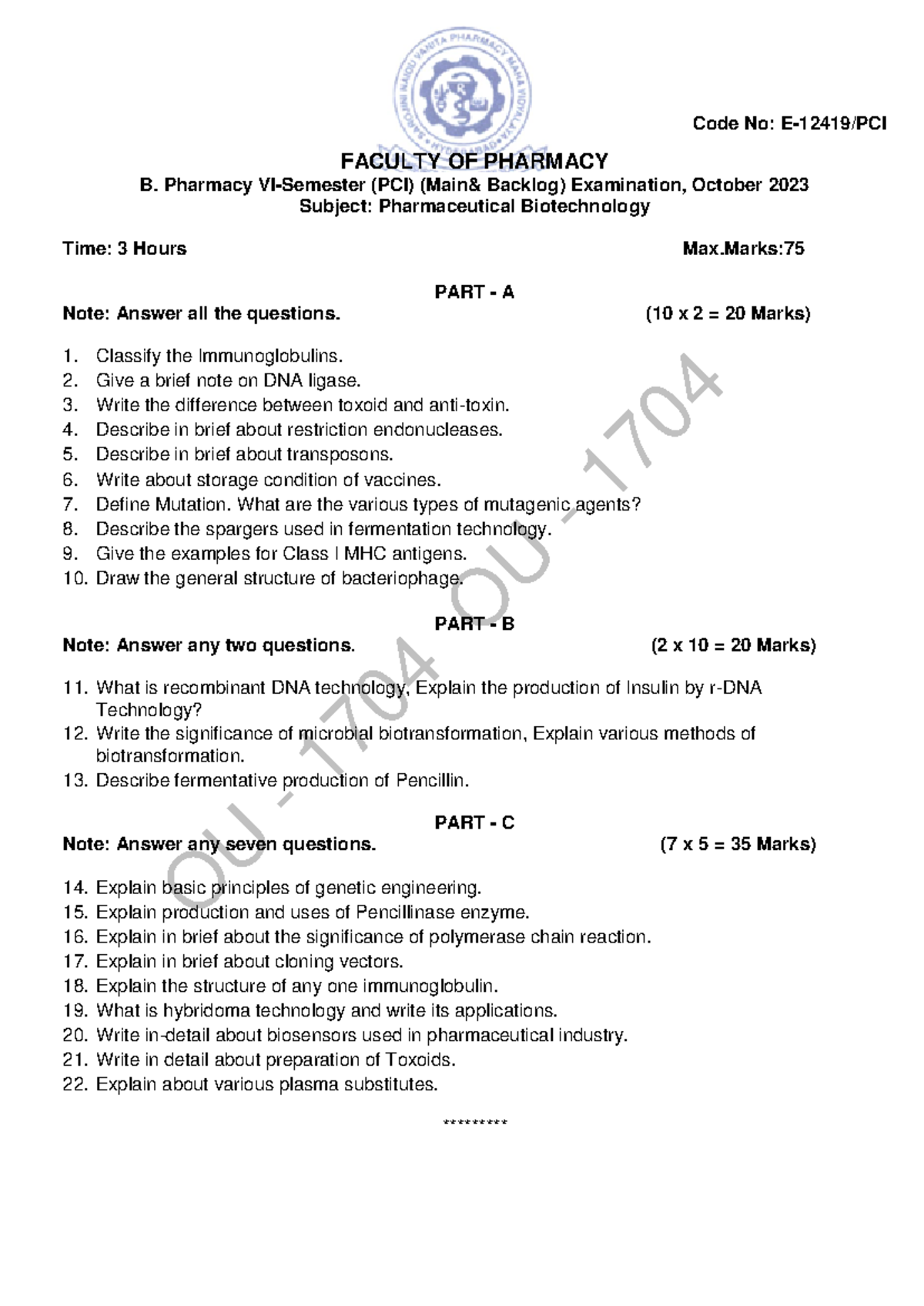 20.11 - OU - 1704 OU - 1704 Code No: E-12419/PCI FACULTY OF PHARMACY B ...