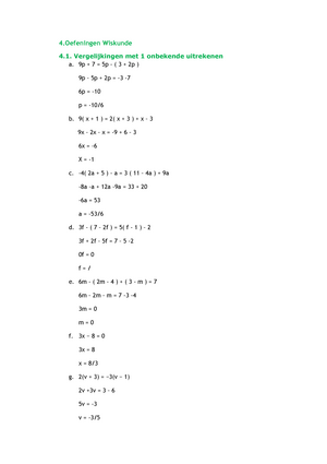 zonne Verniel Rand Oefeningen oplossingen wiskunde - 4 Wiskunde 4. Vergelijkingen met 1  onbekende uitrekenen o. 2 = - StuDocu