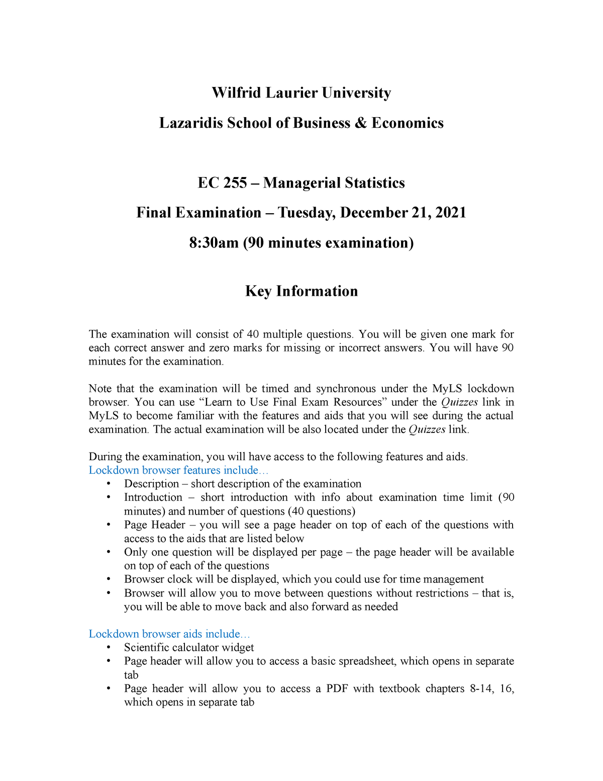 EC255 Final Exam Fall 2021 Key Information Wilfrid Laurier University
