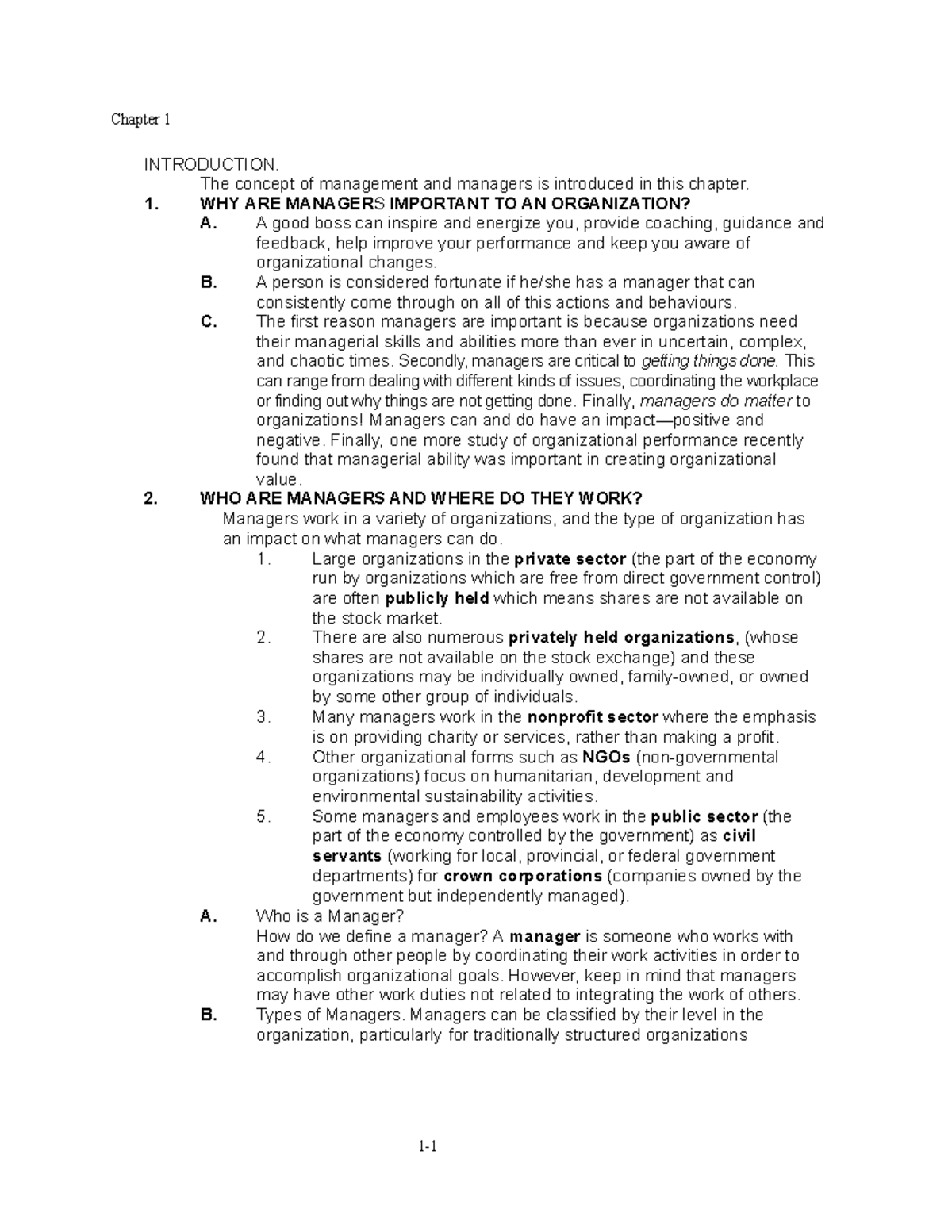 Chapter 1 Notes - Chapter 1 INTRODUCTION. The Concept Of Management And ...