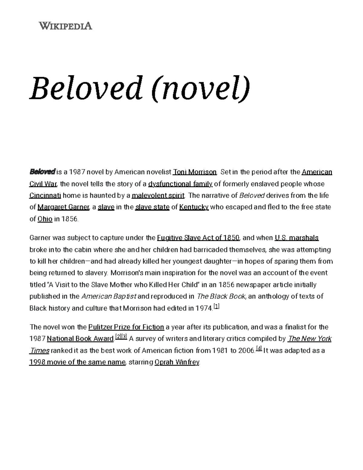 Beloved (novel) - Wikipedia - Beloved (novel) Beloved is a 1987 novel ...