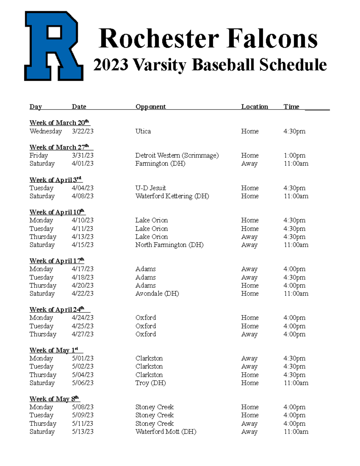 Varsity baseball schedule 2023 - Rochester Falcons 2023 Varsity ...