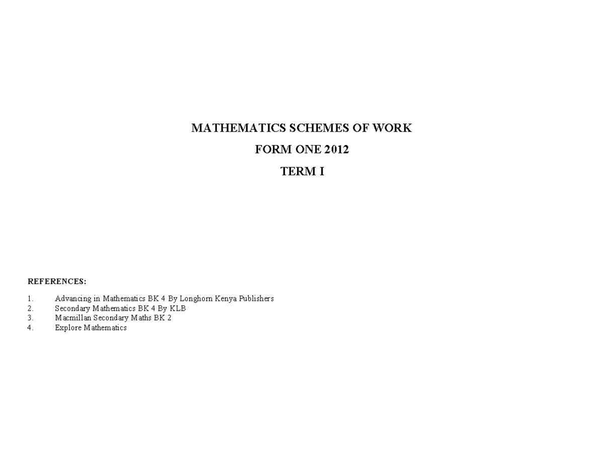 Math scheme form 1 - Do revision - MATHEMATICS SCHEMES OF WORK FORM ONE ...