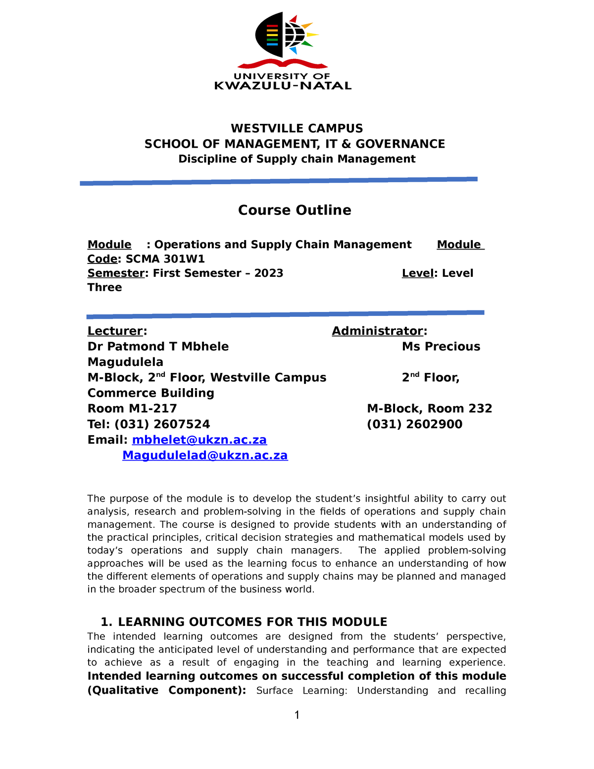 SCM 301 - Its A Module Outline - WESTVILLE CAMPUS SCHOOL OF MANAGEMENT ...