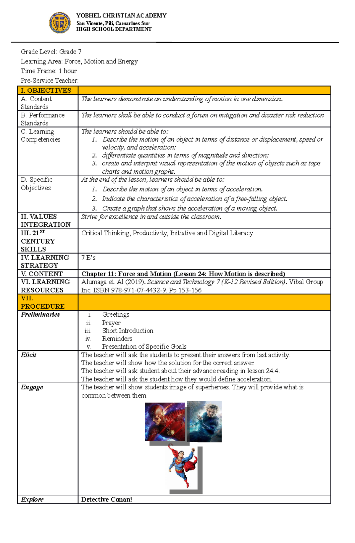 Motion, Acceleration Grade 7 Lesson Plan YOBHEL CHRISTIAN ACADEMY San