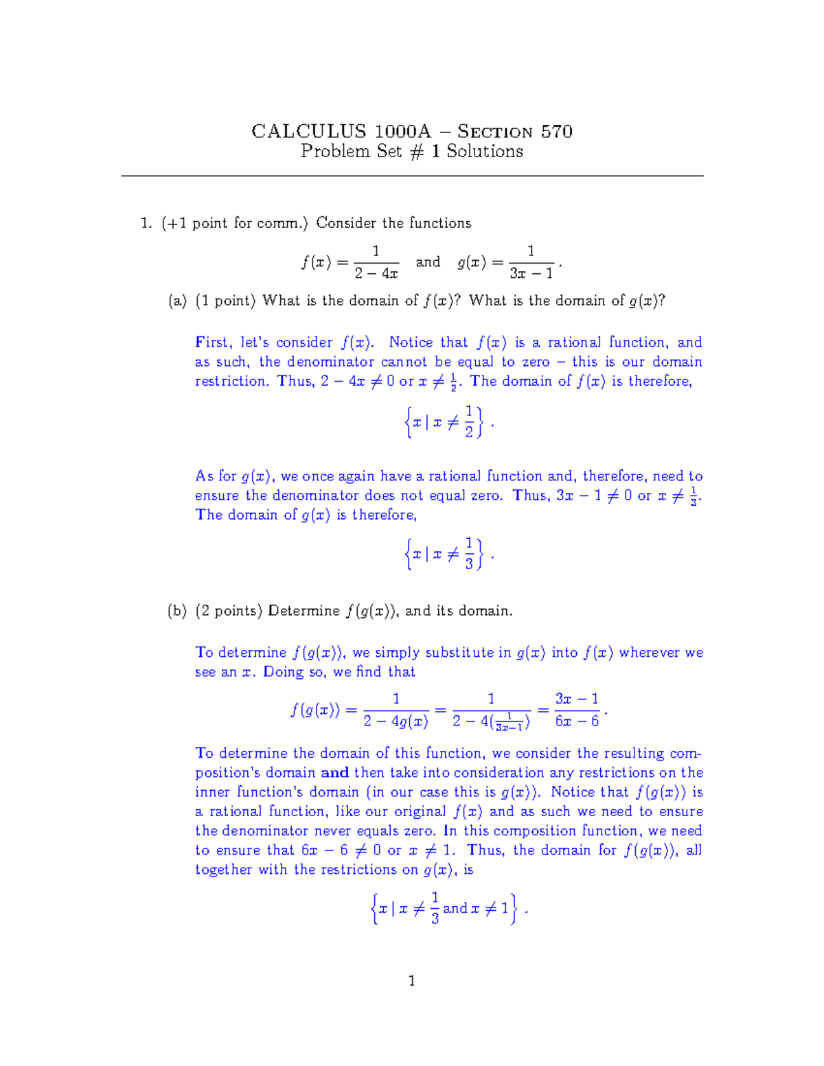 CALC1000A 570 Problem Set 1 2022 Soln - CALCULUS 1000A – Section 570 ...