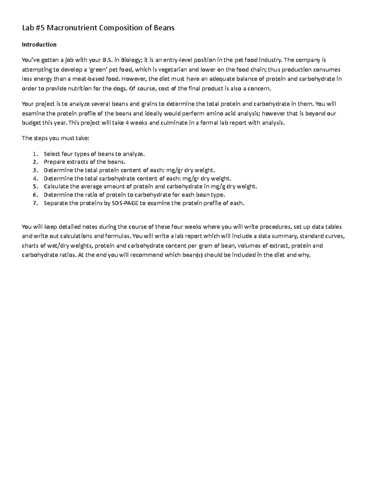 Lab 6 Macronutrient analysis-Beans 1 - Lab #5 Macronutrient Composition ...