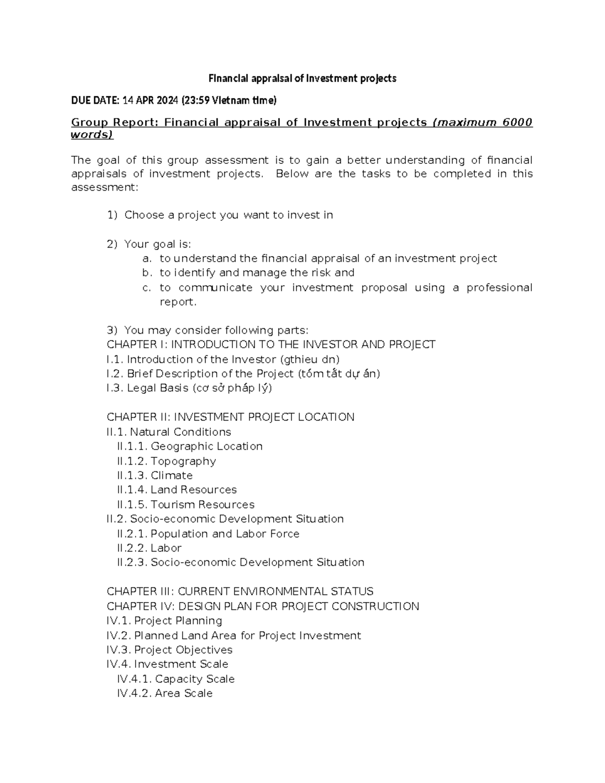 Financial appraisals Assessment Financial appraisal of investment