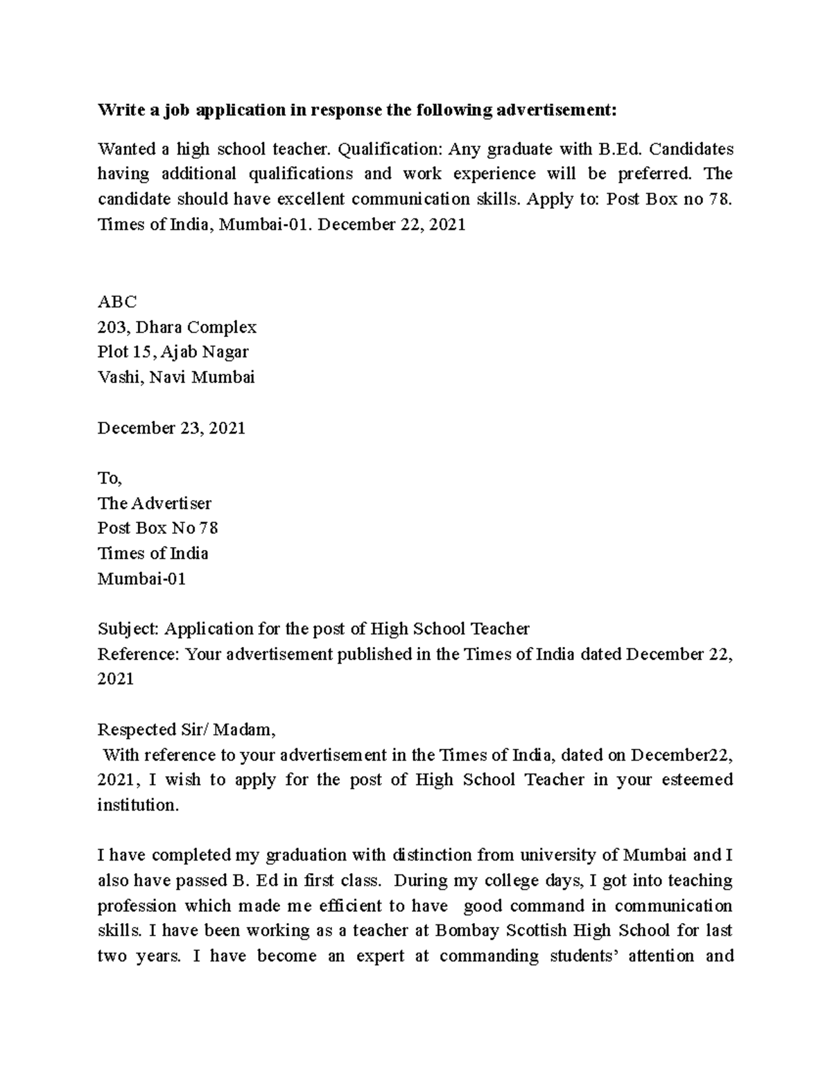 Job application examples - Write a job application in response the ...