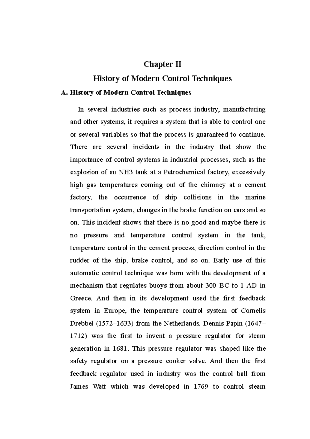 Chapter II History of Modern Control Techniques History of Modern