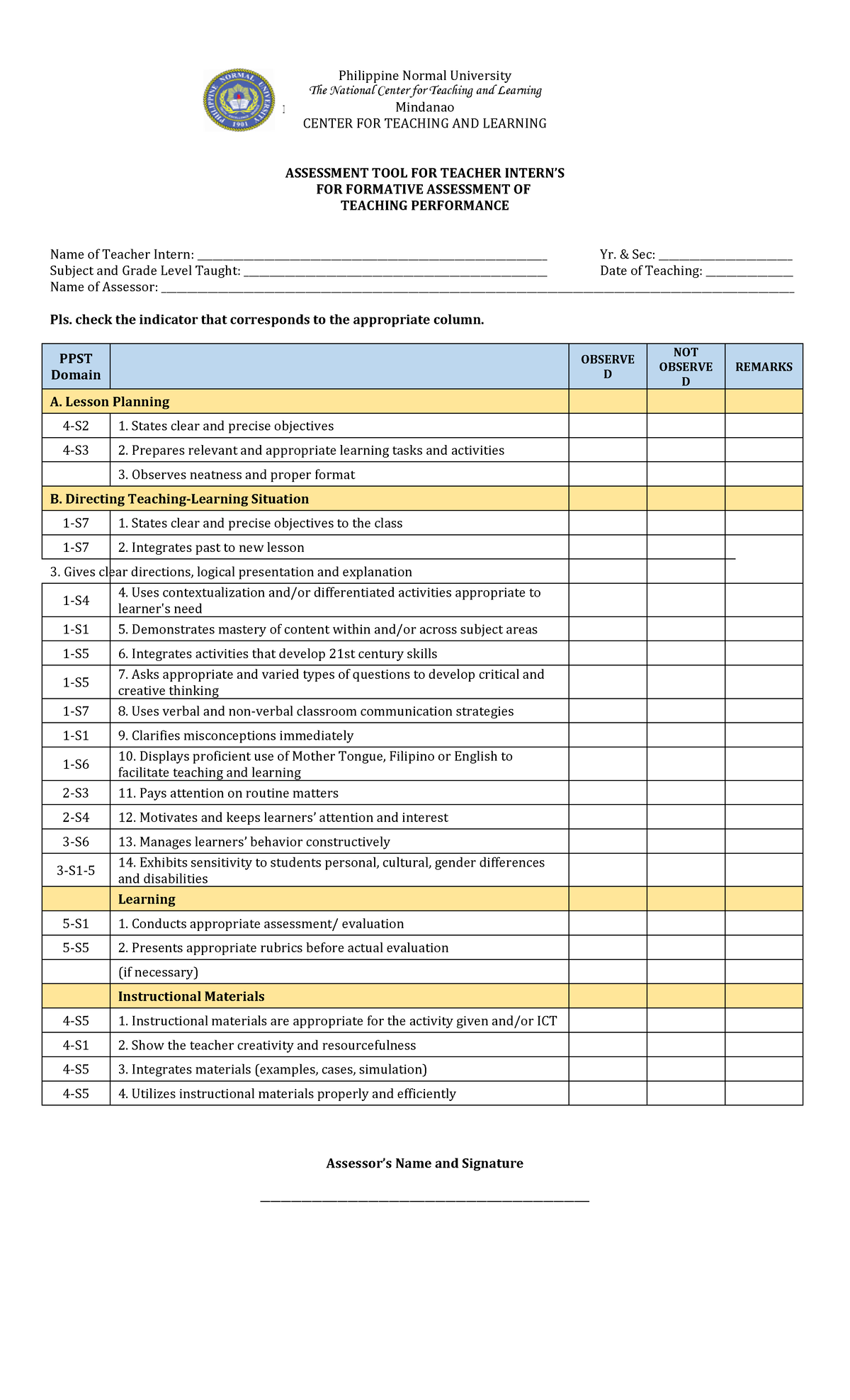 Assessment Tool For Teacher Intern Formative - Philippine Normal 