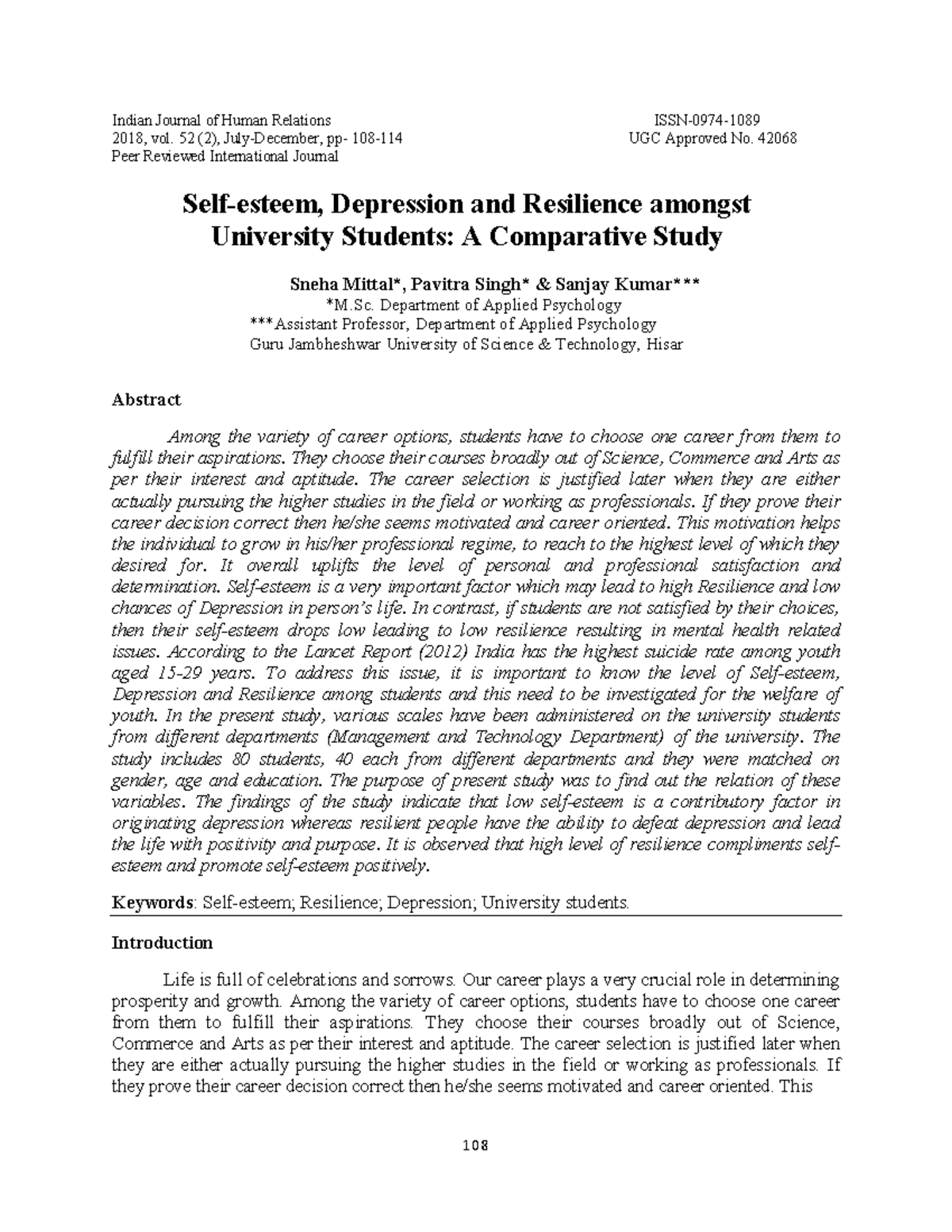 Self esteem Depression and Resilience am - Indian Journal of Human ...