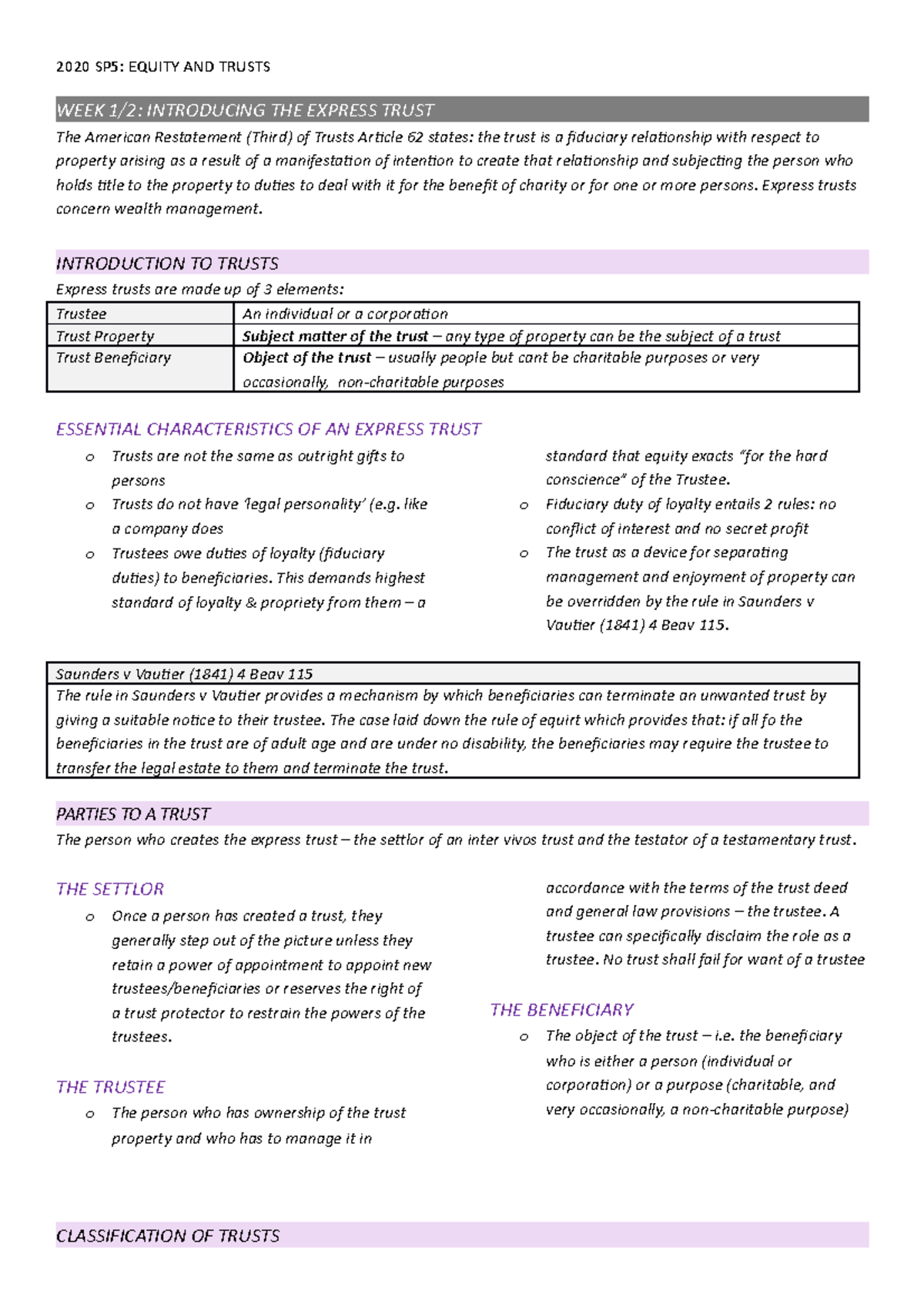 Equity AND Trusts EXAM Notes - WEEK 1/2: INTRODUCING THE EXPRESS TRUST ...