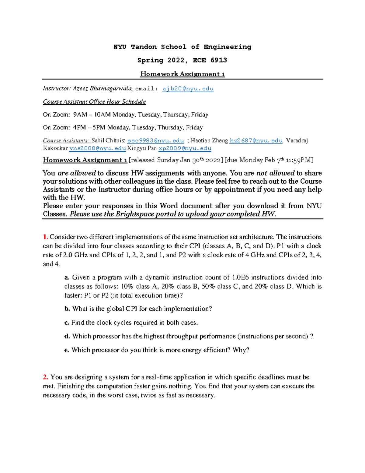 HW 1 ECE 69132 Spring 2022, ECE 6913 - NYU Tandon School of Engineering ...