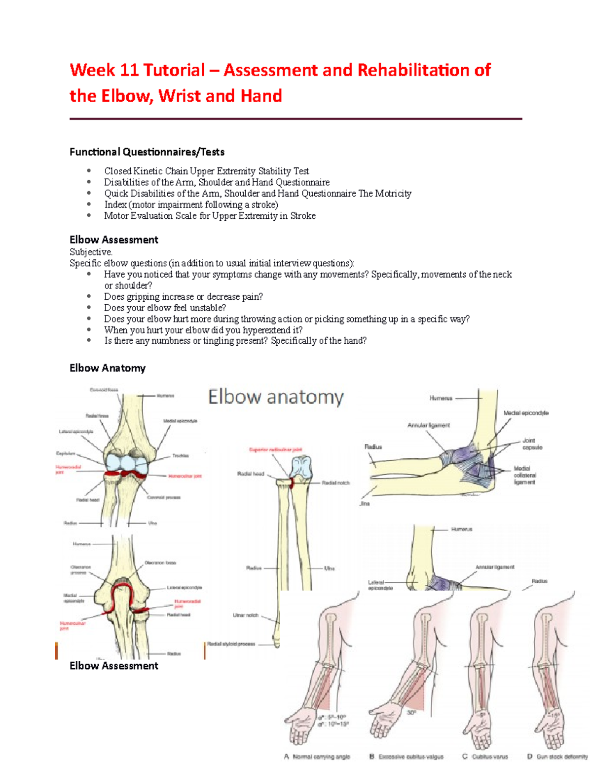 Week 11 Tutorial – Assessment and Rehabilitation of the Elbow - StuDocu