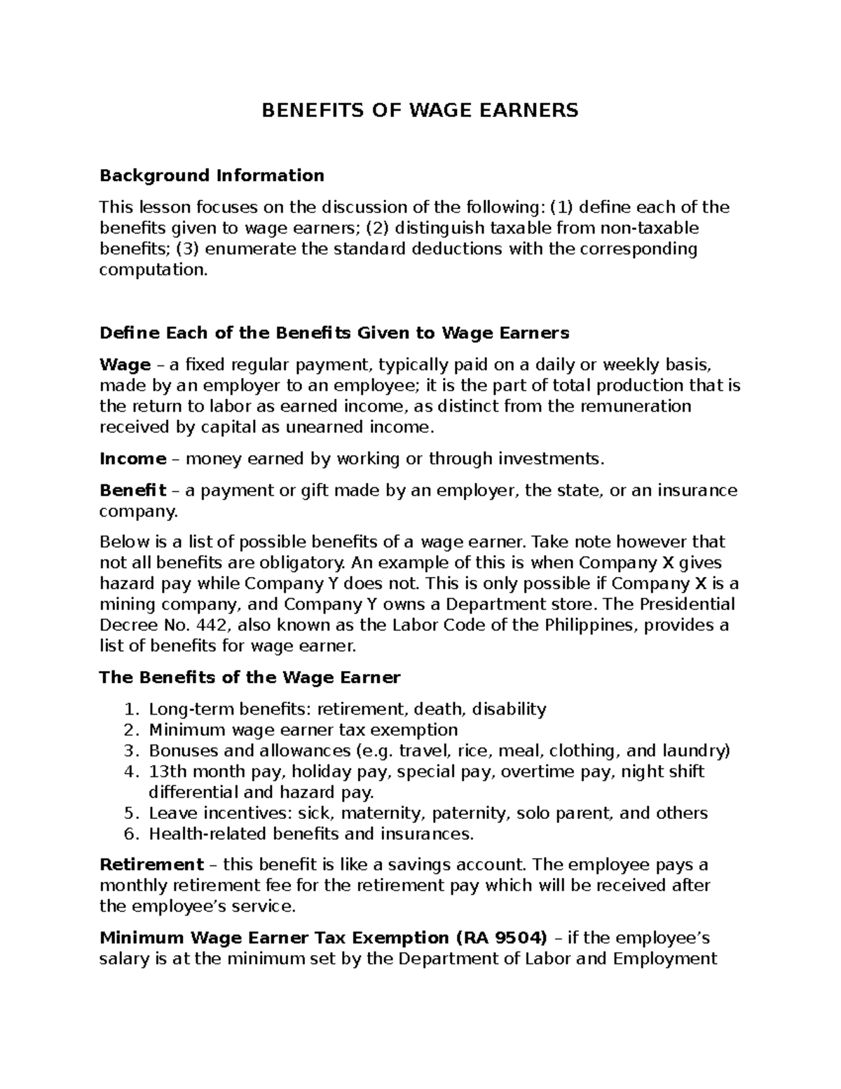 Benefits OF WAGE Earners BENEFITS OF WAGE EARNERS Background benefits-of-wage-earners-benefits-of-wage-earners-background