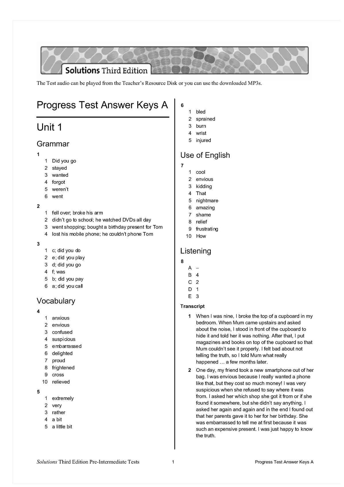 Sol3e Preint Progress Test Answer Keys A PDF - Progress Test Answer Keys A  Unit 1 Grammar 1 1 Did - Studocu