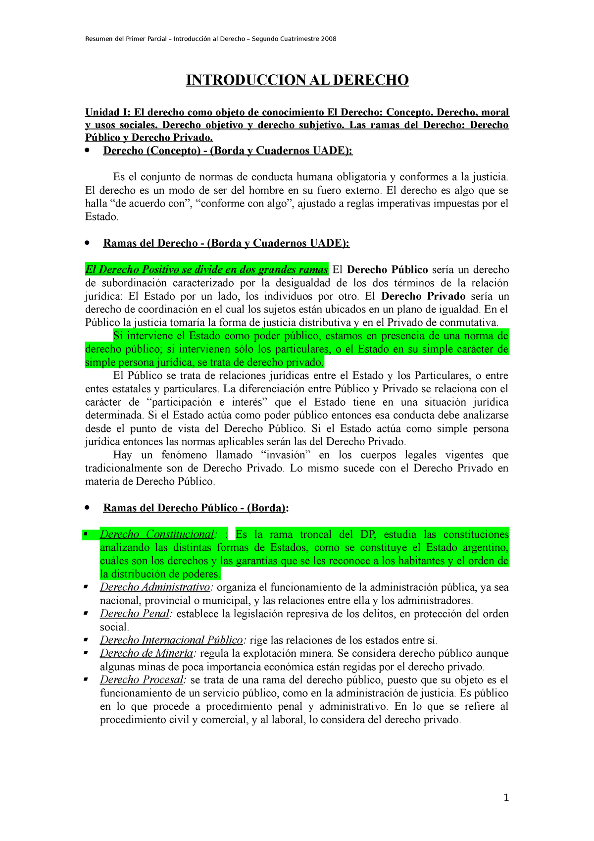 Resumen Primer Parcial - INTRODUCCION AL DERECHO Unidad I: El Derecho ...