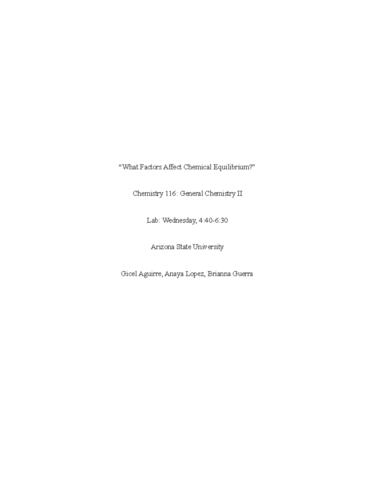Lab Report What Factors Affect Chemical Equilibrium 