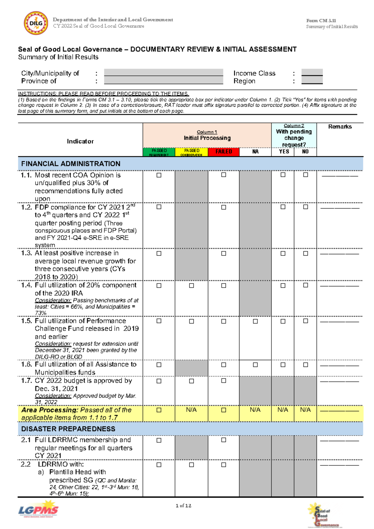 Form 3.11 Summary of Initial Results CM - CY 2022 Seal of Good Local ...