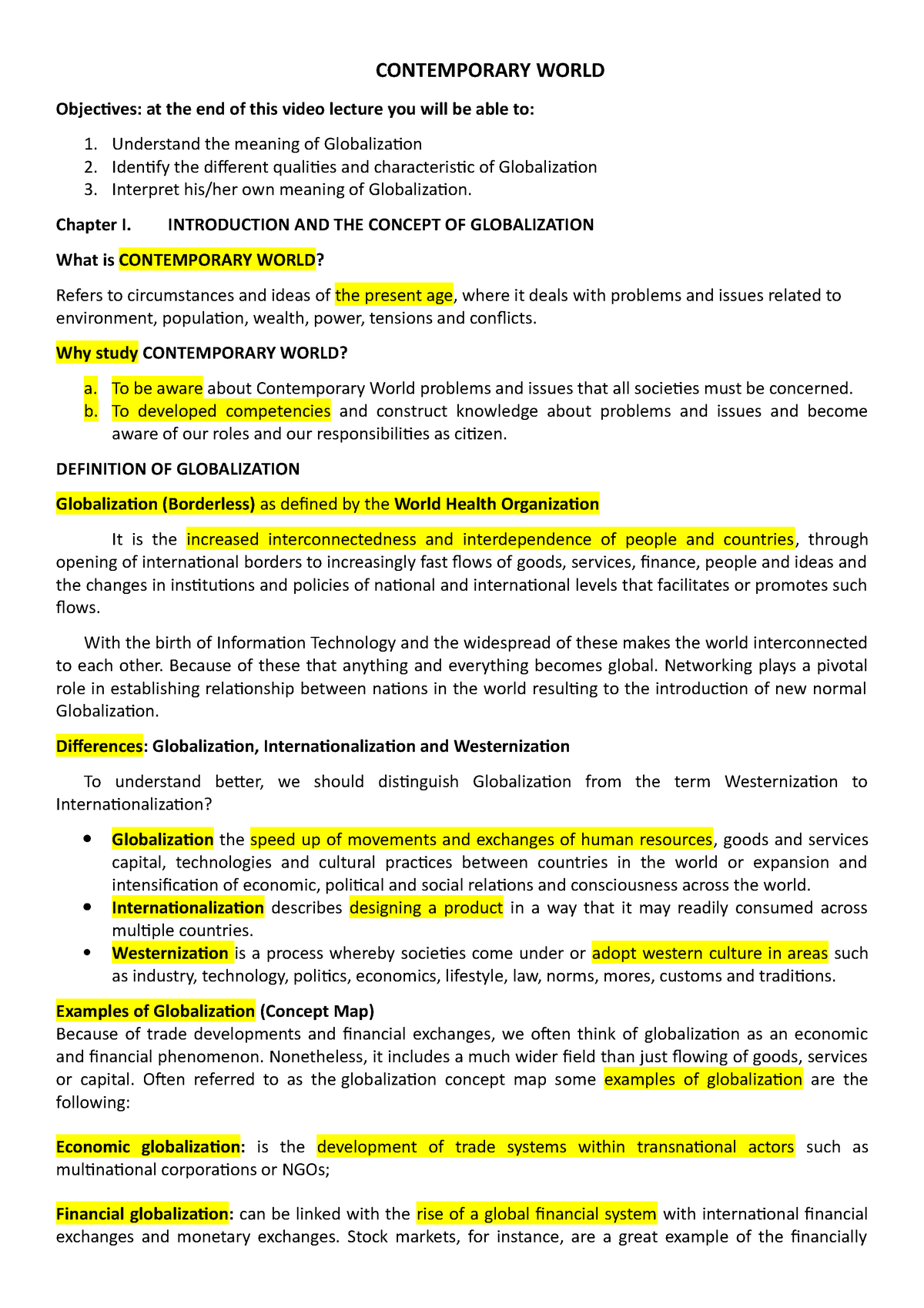 Contemporary World Lecture Notes CONTEMPORARY WORLD Objectives 