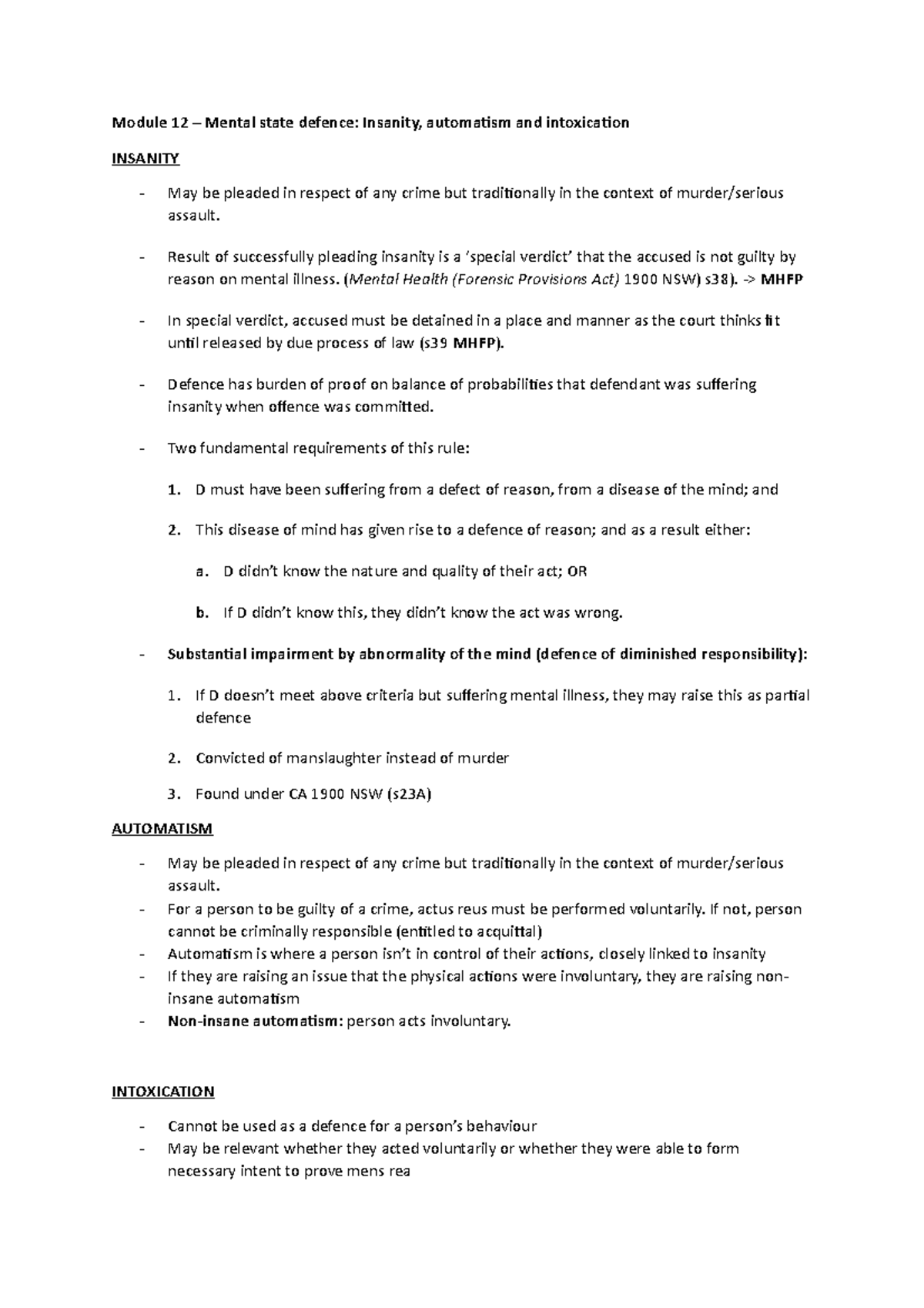 Module 12 - Insanity, Automatism and Intoxication - Module 12 – Mental ...