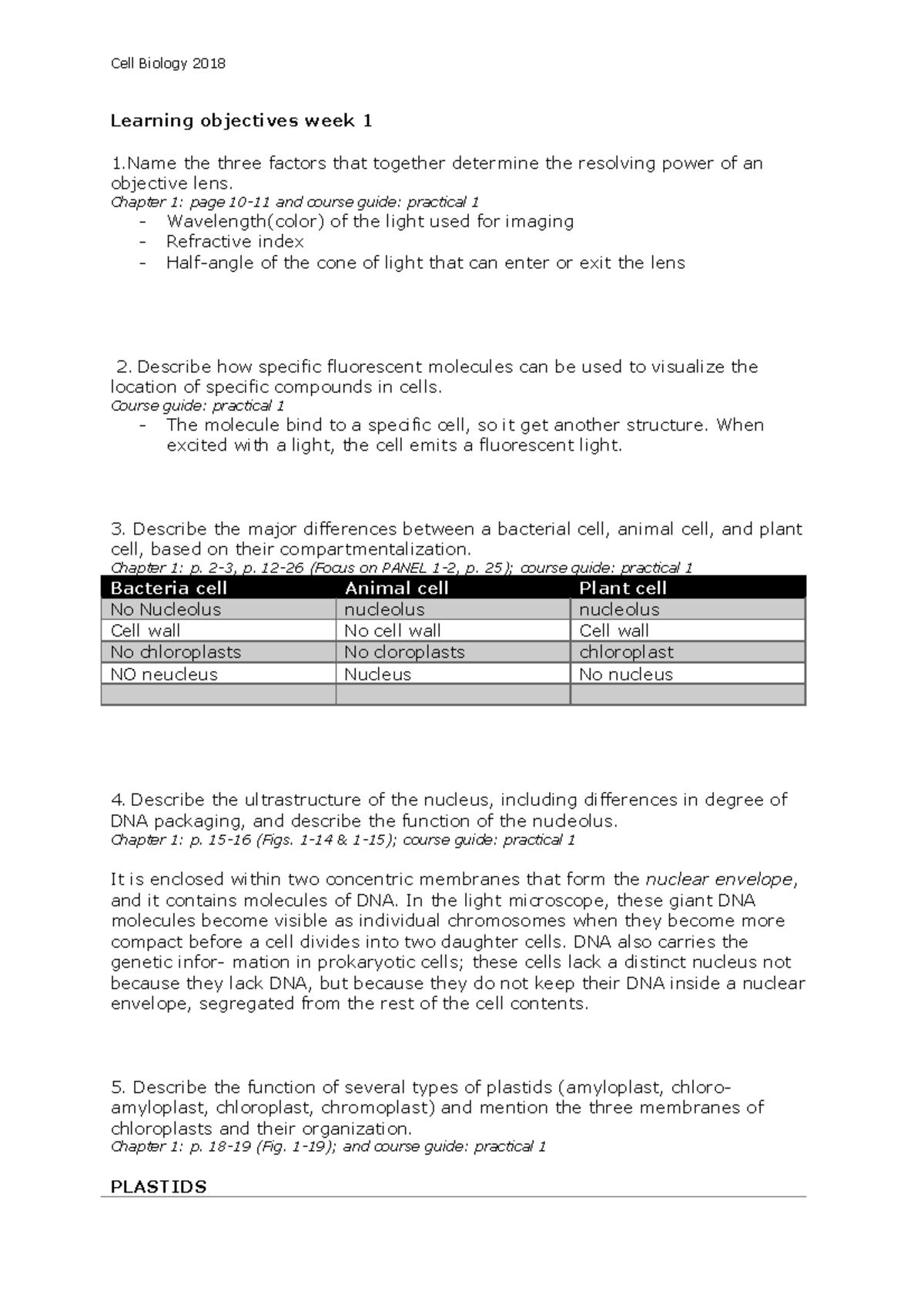 Learning objectives week 1 2018 Cell Biology 2018 Learning objectives