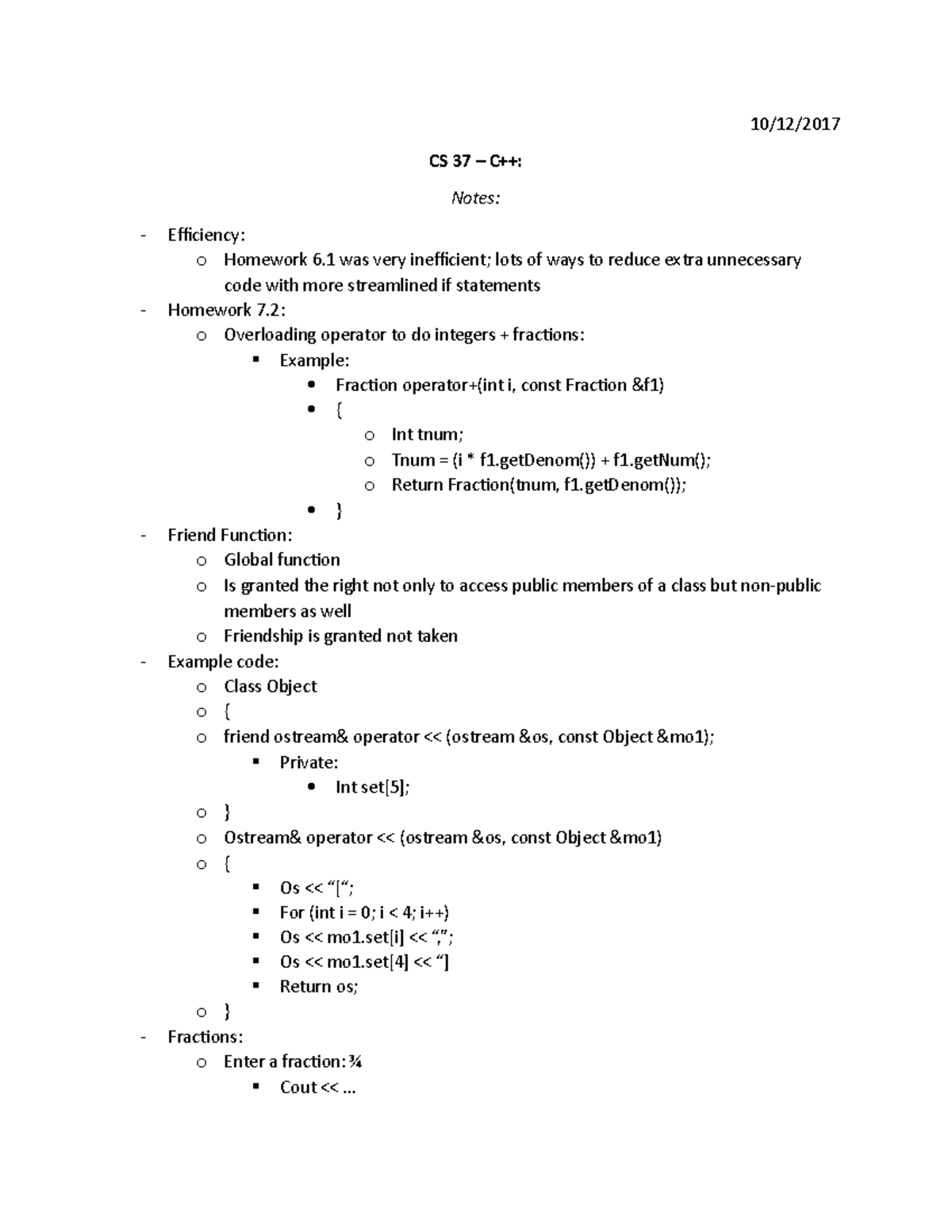 CS 37 - Notes #8 - 10/12/ CS 37 – C++: Notes: Efficiency: o Homework 6 ...