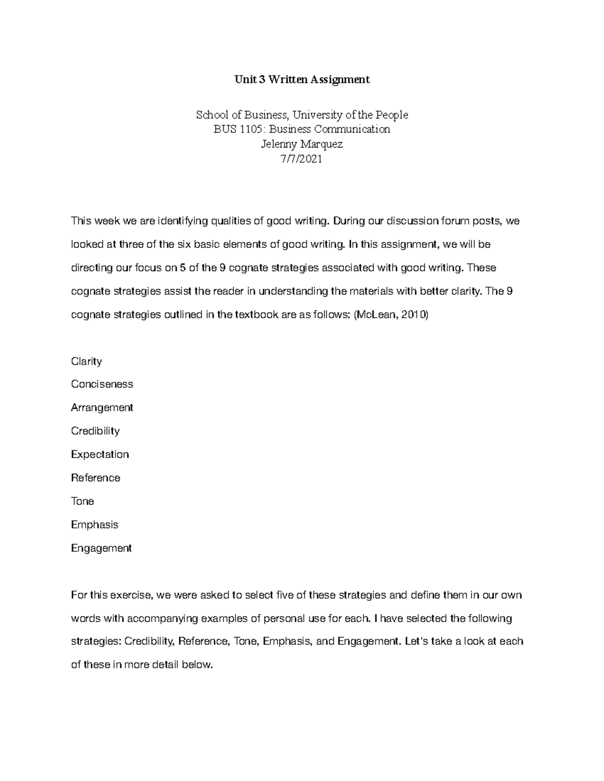 BUS 1105 U3 WA - Unit 3 Written Assignment - Unit 3 Written Assignment ...