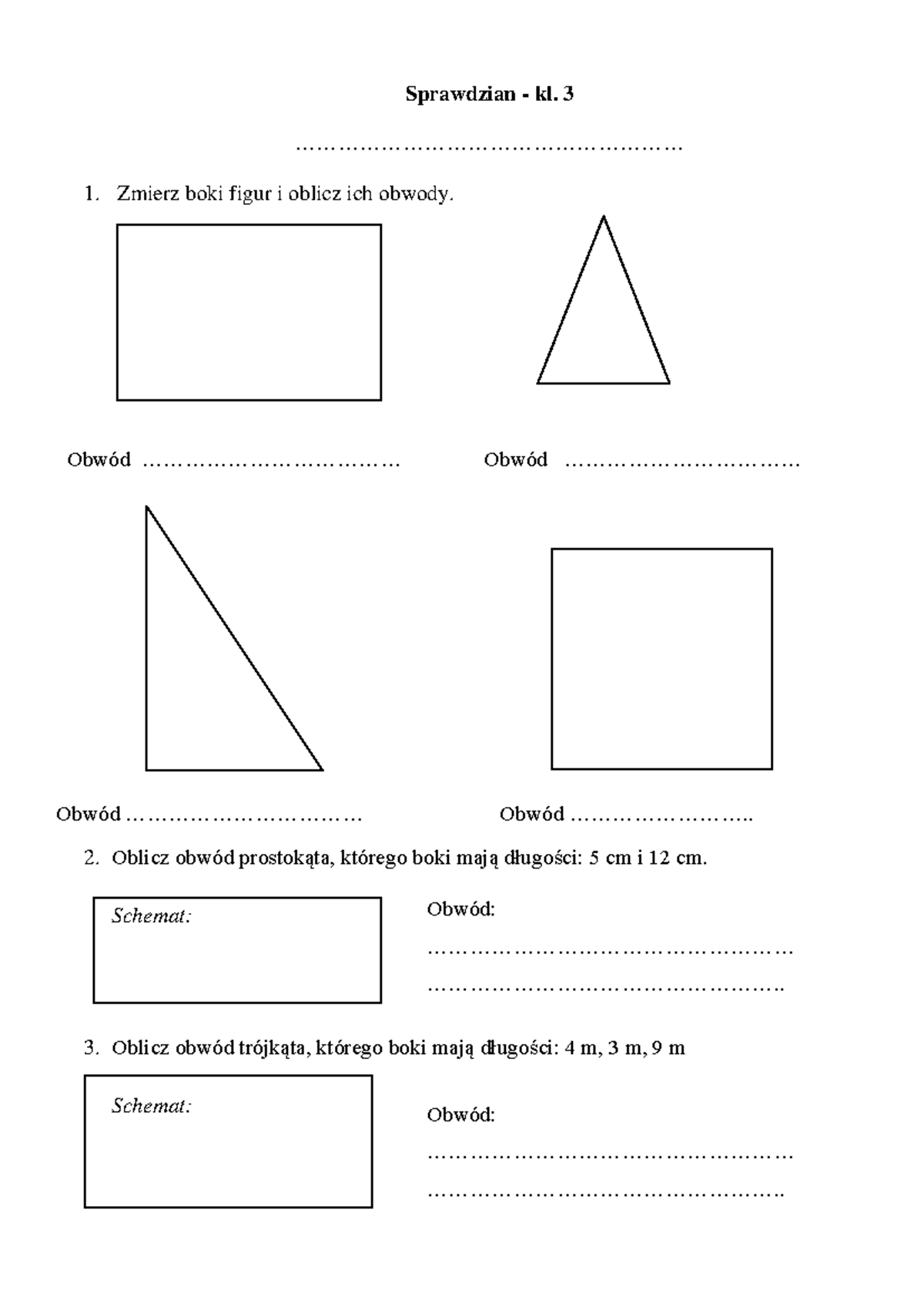 Obliczanie Obwodów Figur Klasa 3 Sprawdzian