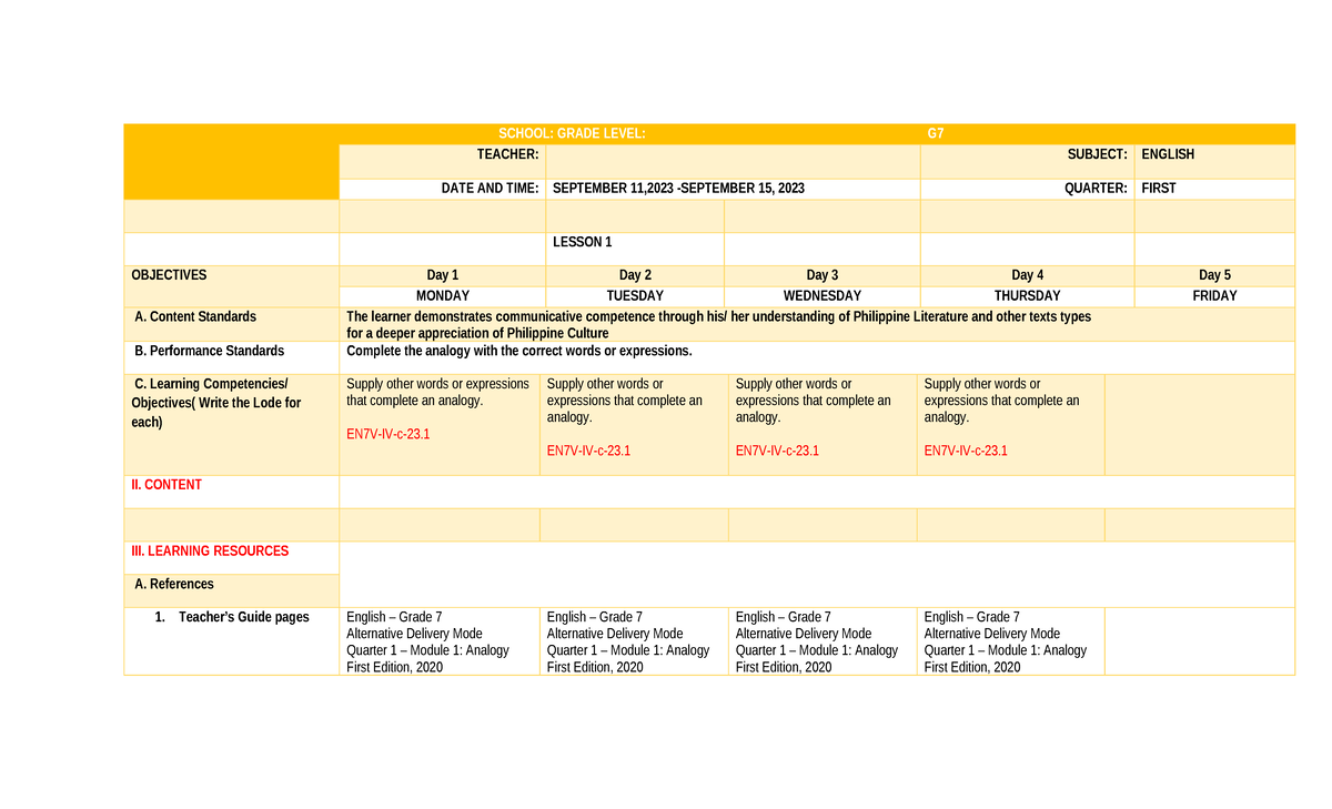 ENG 7 W1 Q1 - daily lesson log - SCHOOL: GRADE LEVEL: G TEACHER ...