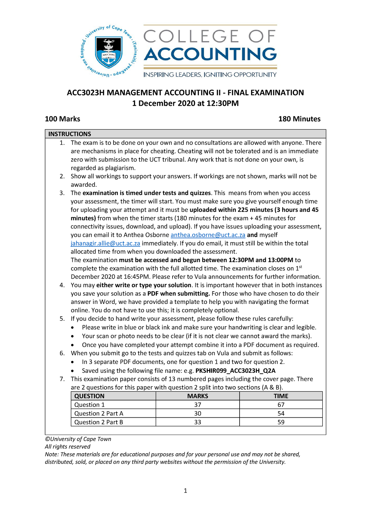 MAN ACC Final 2020 - Past Paper - ACC3023H MANAGEMENT ACCOUNTING II ...