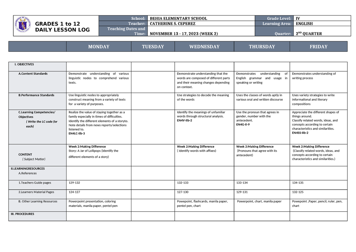 DLL English 4 Q2 W2 - DAILY LESSON LOG - GRADES 1 To 12 DAILY LESSON ...