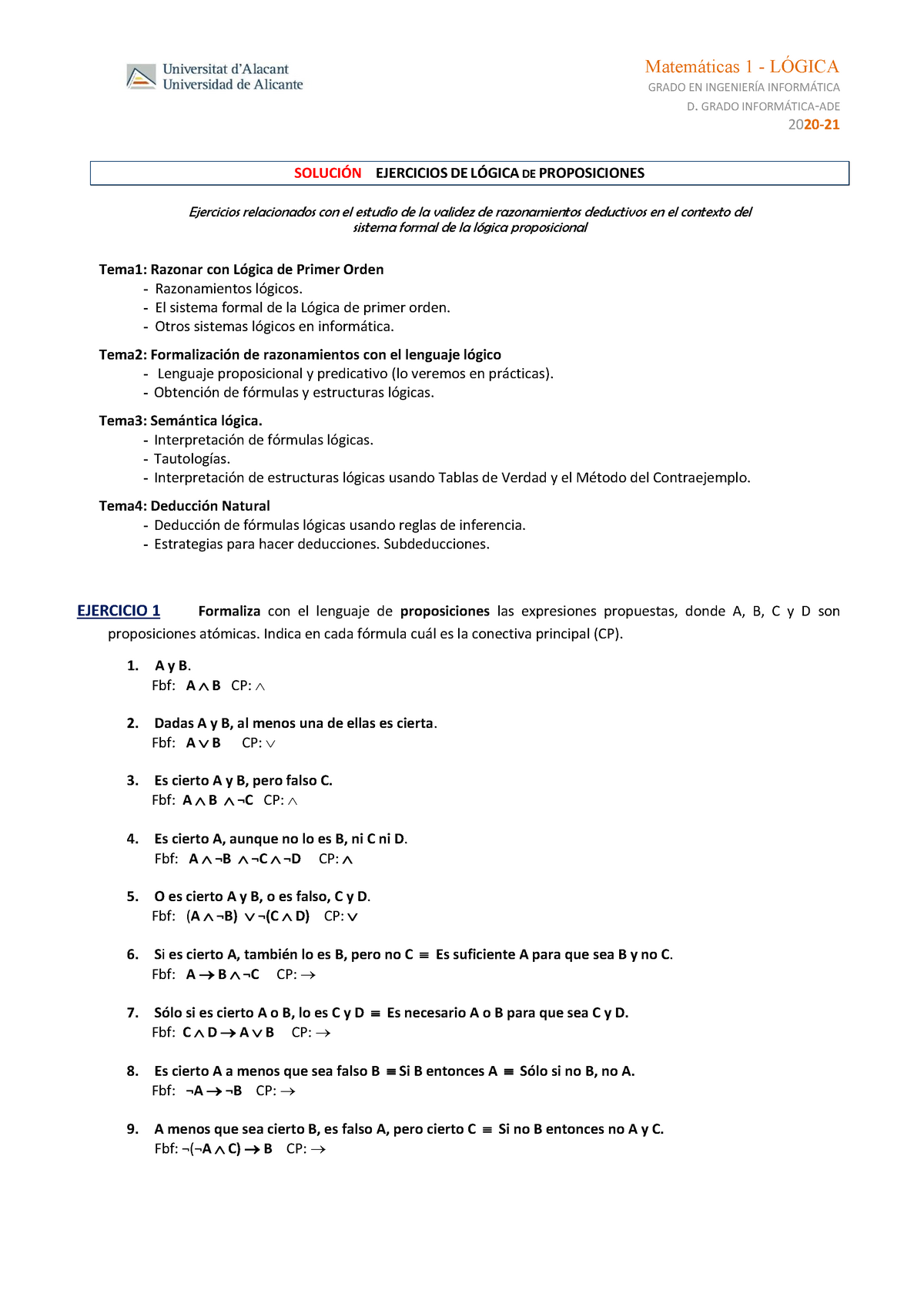 Ejercicios Resueltos Lógica Proposiciones - Matemáticas I - UA - Studocu