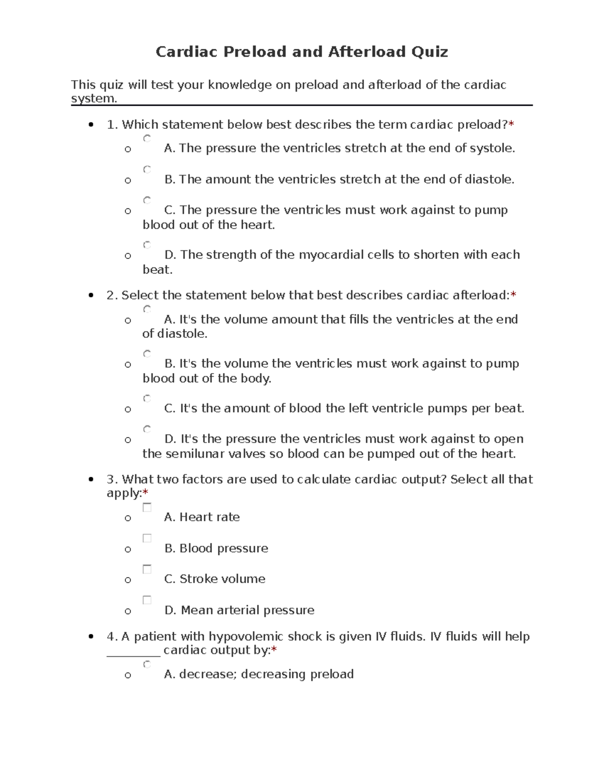 Cardiac Preload and Afterload Quiz Nurse RN - Cardiac Preload and ...