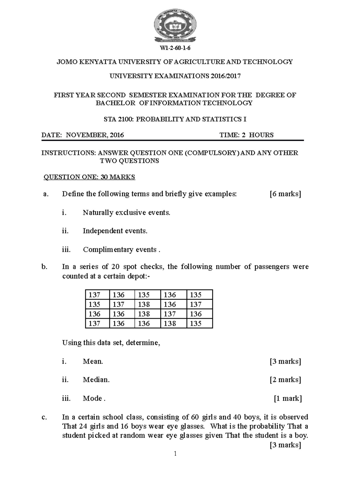 Sta 2100 Probability And Statistics 1 - W1-2-60-1- Jomo Kenyatta 