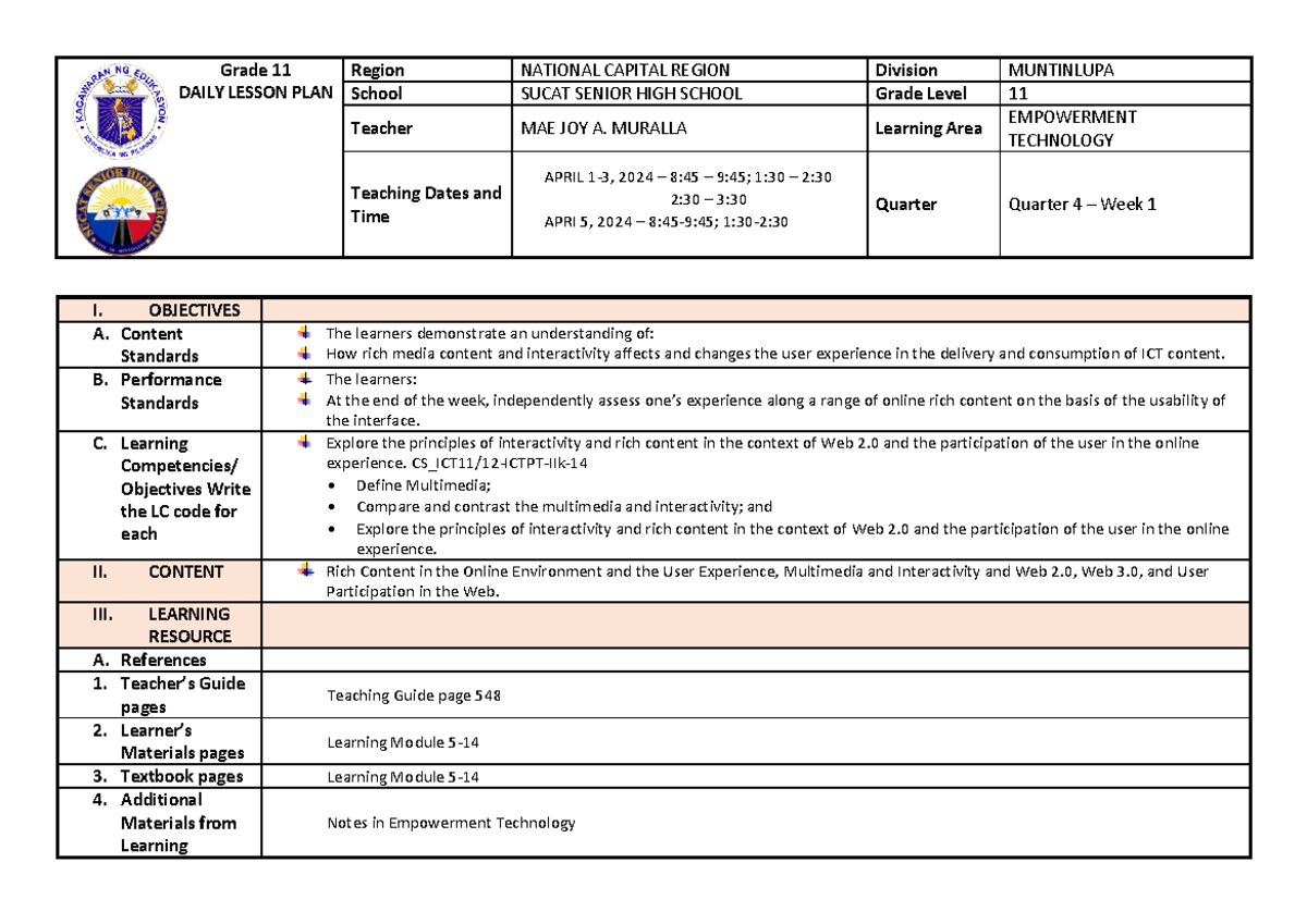 0 SSHS Muralla Mae Joy 11 - Grade 1 1 DAILY LESSON PLAN Region NATIONAL ...