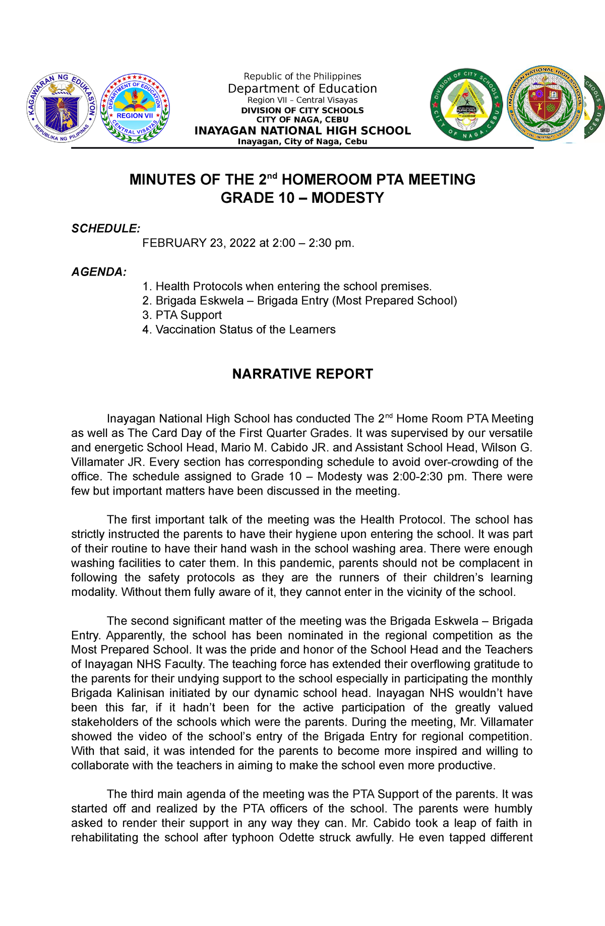 Narrative Report Pta Meetings Republic Of The Philippines Department