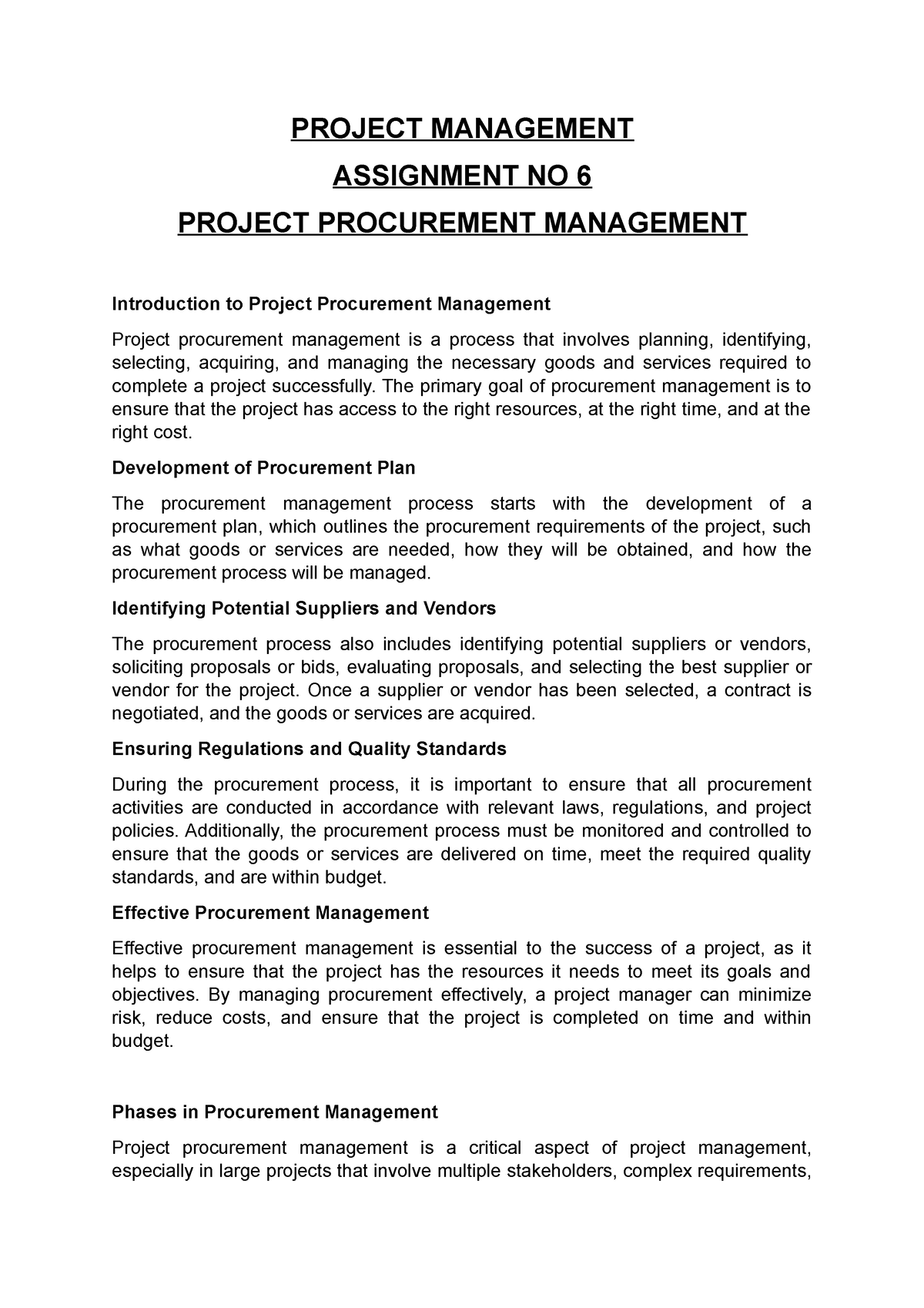 Project Procurement Mgmt - PROJECT MANAGEMENT ASSIGNMENT NO 6 PROJECT ...